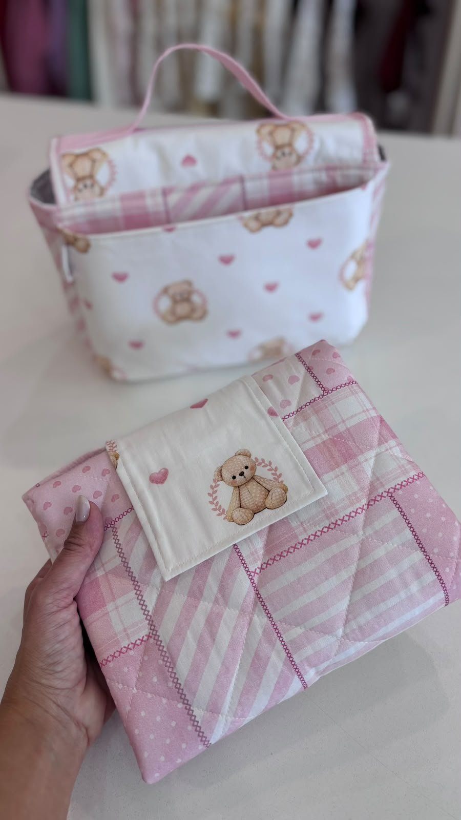 Kit Bolsa Maternidade Ursinho Rosa + Trocador