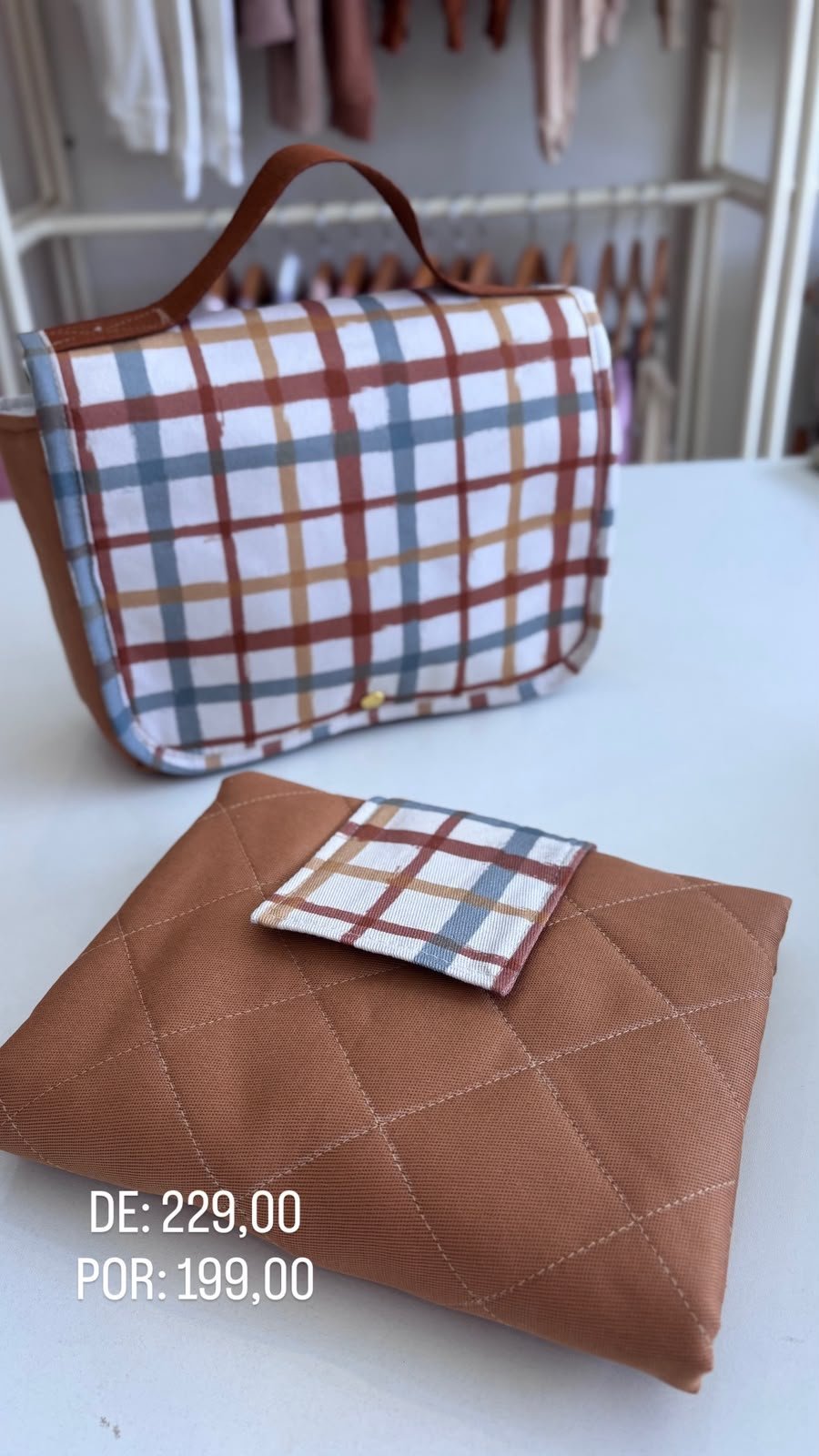 Kit Bolsa Maternidade Xadrez Terracota + Trocador